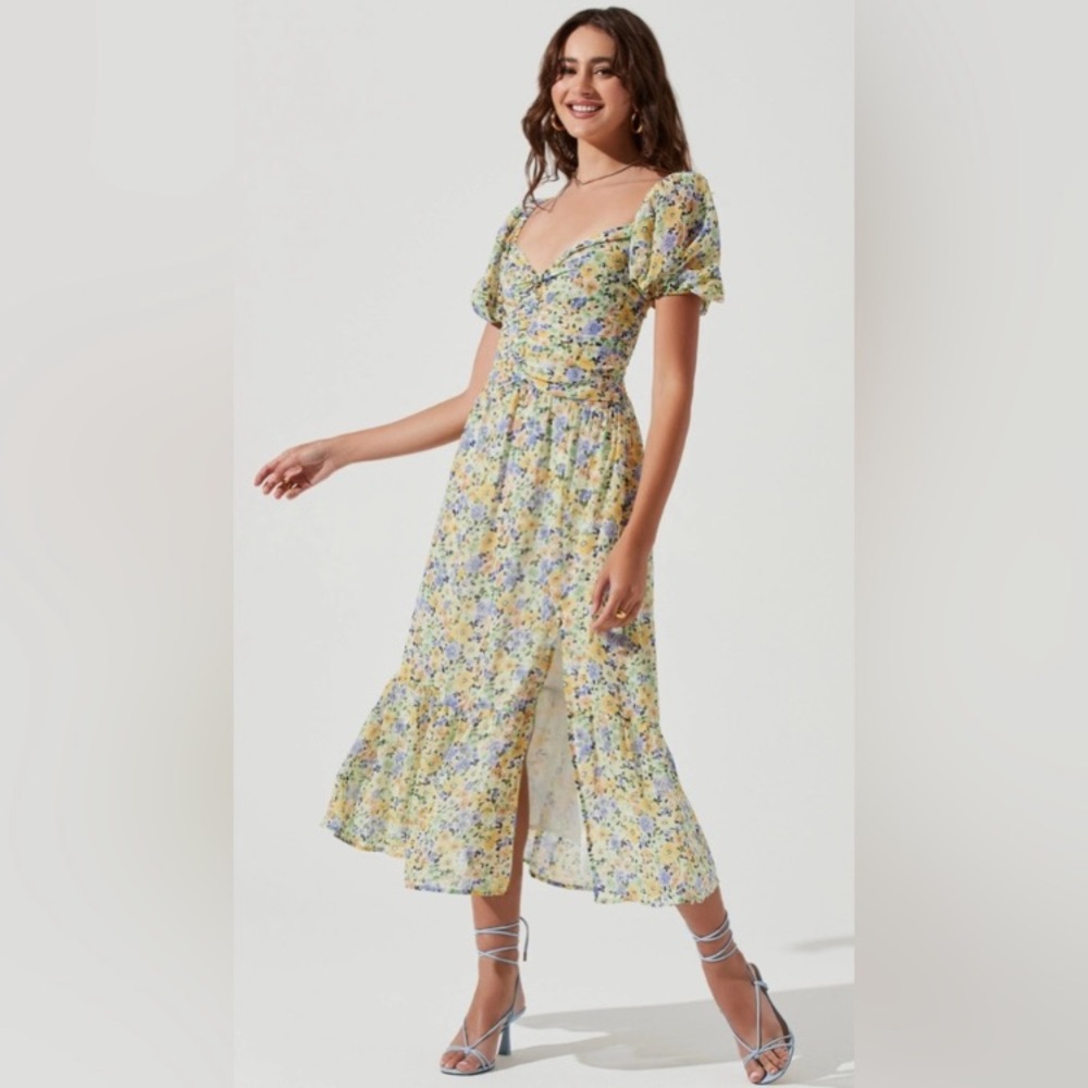 Astr the Label - Irma Floral Puff Sleeve Midi Dress XS Green & Yellow